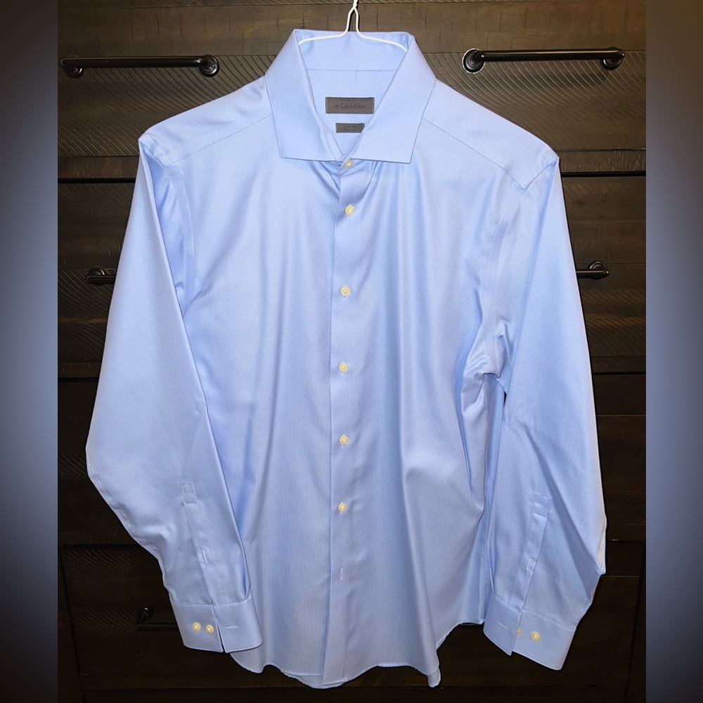 Calvin Klein Blue Pinstripe Dress Shirt, Large, Slim Fit, Great Condition